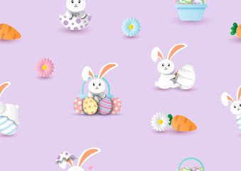 White bunny with Easter eggs and sign of Easter holiday in paper cut style wallpaper and gift wrapping isolated on violet background.