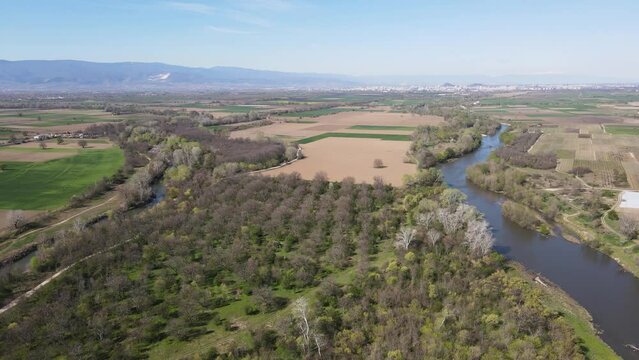 Aerial view of Chepelarska River, pouring into the Maritsa River near city of Plovdiv, Bulgaria