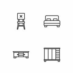 Set line Wardrobe, TV table stand, Chair and Big bed icon. Vector