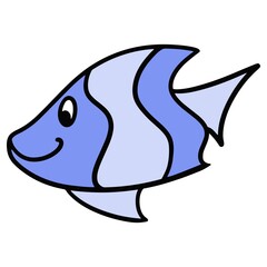 Cute cartoon blue fish, inhabitant of tropical seas, aquarium fish, vector illustration