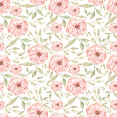 Watercolor hand drawn pink peony flowers seamless pattern, Florals repeat paper, garden florals and pink stripes background. scrapbook paper