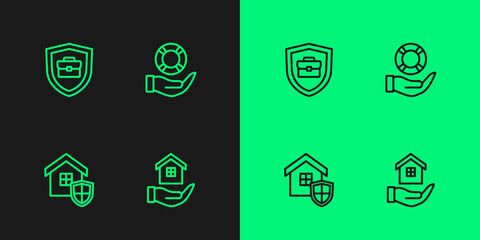 Set line House in hand, with shield, Briefcase and Lifebuoy icon. Vector