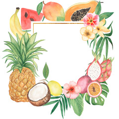 Tropical Hawaiian Frame, flyer with exotic fruits, palm leaves, fruits and flowers frame. Template design. Pineapple wreath illustration.