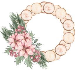Watercolor slice of wood with winter floral bouquet decoration. Flower Poinsettia with winter branch border, Christmas Rustic decor. Wooden wreath