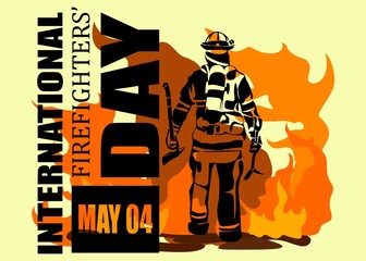 International firefighters day concept. Firefighter silhouette vector illustration, as a banner, poster or template for international firefighters day with lettering, fire and flames.