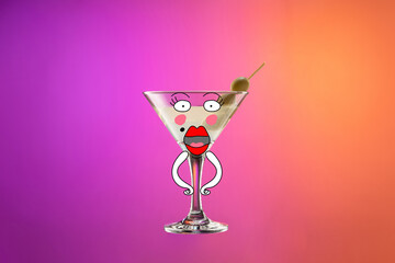 Cocktail glass with dry martini with olives isolated over gradient purple and orange color background in neon. Creative artwork. Collage