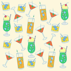 Illustration of refreshment cocktail drink alcohor in glass pattern bacjground.