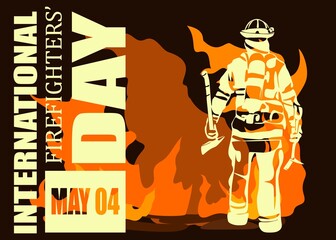 International firefighters day concept. Firefighter silhouette vector illustration, as a banner, poster or template for international firefighters day with lettering, fire and flames.
