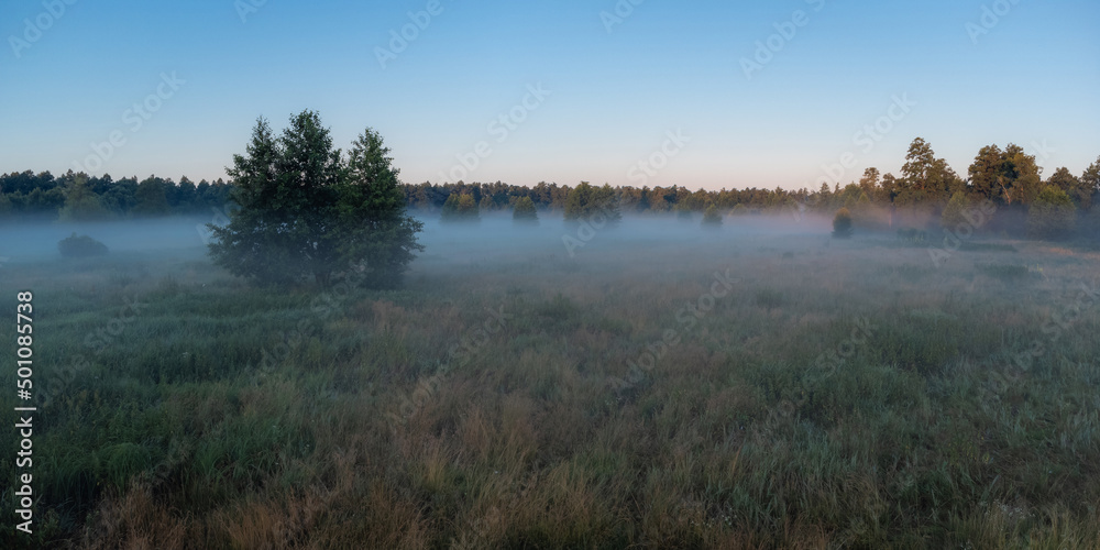 Sticker Calm morning in the countryside. Small field near the river in morning fog