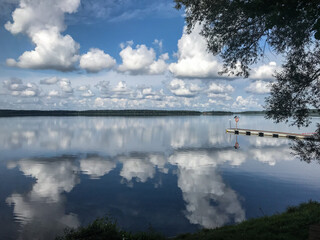 mirror reflection of clouds over lake. summer time, beauty of nature concept.