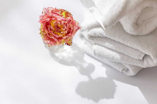 Close-up, white terry bath towels and a flower.
