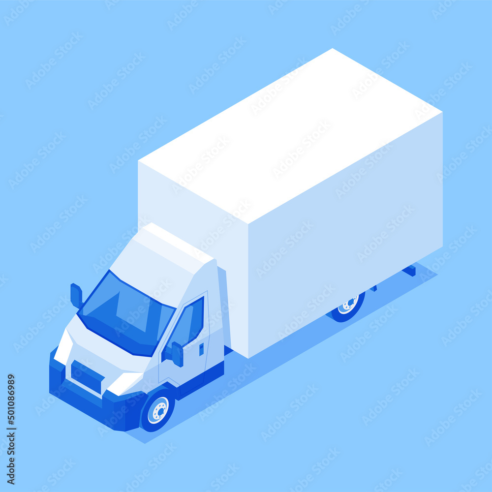 Wall mural modern logistic van courier delivery goods automobile isometric vector illustration. cargo container