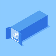 Rectangle cargo transportation container with open doors and pallet industrial goods isometric vector illustration. Freight export import metallic commercial heavy package trailer trucking equipment
