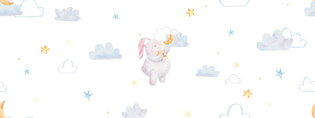 Fototapeta premium seamless pattern with rabbit catching stars in the sky, children's design, wallpaper