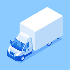 Modern logistic van courier delivery goods automobile isometric vector illustration. Cargo container freight express shipment commercial service isolated. Global communication design - obrazy, fototapety, plakaty