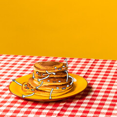 Food pop art photography. Plate with pancakes with funny drawings on plaid tablecloth isolated on bright yellow background. Cartoon, vintage, retro style