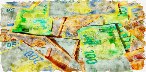 Watercolor drawing of a lot of euro bills in color