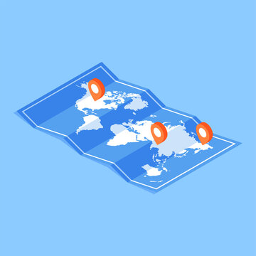 Crumpled Paper World Map Red Pin Location International Delivery Distribution Network Isometric Vector Illustration. Worldwide Shipping Freight Transportation Route Geo Tag Commercial Courier Business