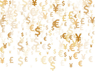 Euro dollar pound yen gold signs scatter currency vector background. Profit growth backdrop.
