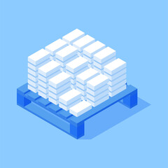 Industrial white rectangle heavy bricks on wooden pallet isometric vector illustration. Architecture material building structure supply warehouse storage delivery service manufacturing production