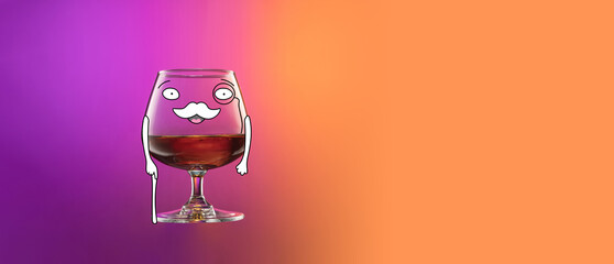 Creative collage with cognac ballon, glass with drawings isolated over gradient purple and orange color background in neon. Concept of alcohol, holidays,
