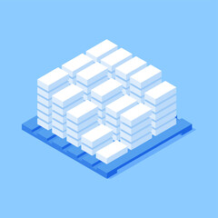 Isometric pile multilevel white cement bricks on wooden pallet construction wholesale commercial warehouse isometric vector illustration. Heap architectural material storage delivery pack
