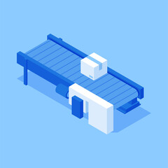 Cardboard box package on conveyor belt production manufacturing isometric vector illustration. Parcel pack on factory working machinery control industrial transportation process