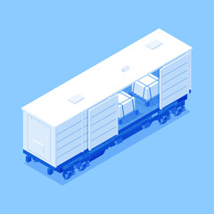Baggage industrial train wagon with sliding doors full of construction material wholesale commercial global delivery isometric vector illustration. Cargo railway van international express shipment