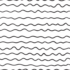 Black and white hand drawn wave pattern, horizontal stripes, vector