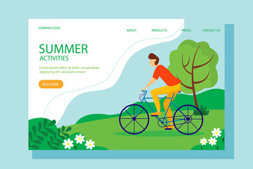 Man riding a bicycle in the Park. The concept of an active lifestyle, outdoor activities. Cute summer illustration in a flat style.