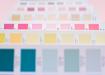 Color palette printed on paper. Color swatch catalog with names for painting walls, furniture, surfaces. Choice of colors for renovation.