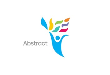 Development - concept logo template vector illustration. Abstract nature human character with colored leaves. Positive creative sign. Happiness freedom icon. Graphic design element.