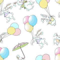 Seamless pattern with cheerful and happy funny rabbits flying on balloons and umbrella isolated on white background. Vector illustration, Easter spring and animal of the year 2023 concept. 