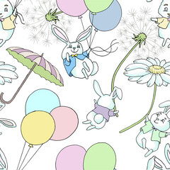 Fototapeta na wymiar Seamless pattern with cheerful and happy funny rabbits flying on balloons, umbrella, daisy isolated on white background. Vector illustration, Easter spring and animal of the year 2023 concept. 