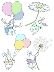 Design doodle set with happy funny rabbits, flying on balloons and flowers isolated on white background. Colorful vector illustration, Easter spring and animal of the year 2023 concept. 