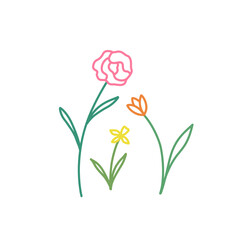 Pink peony, yellow narcissus and tulip flowers. Floral vector illustration.  Simple cute drawing.