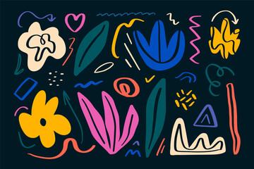 Bundle of colorful organic shapes. Different leaves, flowers, doodles. Abstract cutout elements. Vector illustration. 