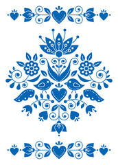 Swedish folk art vector greeting card or invitation design with birds and floral motif, navy blue pattern inspired by the traditional Scandinavian art
