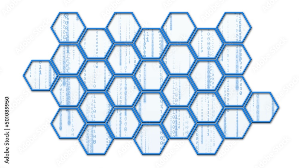Aufkleber Abstract technology background with lines of binary code visible behind a mosaic of hexagons - 3D illustration