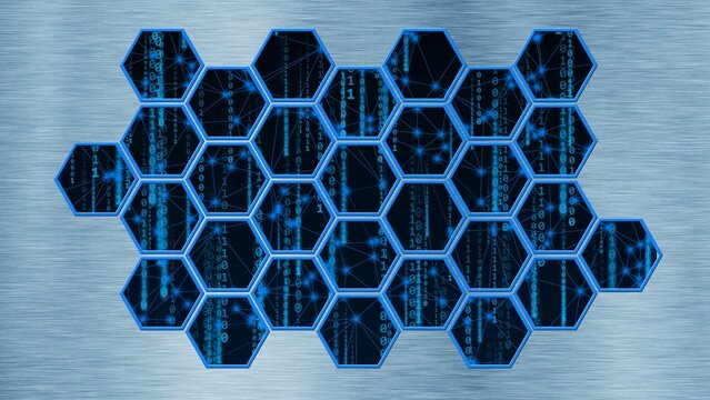 Abstract technology background with lines of binary code visible behind a mosaic of hexagons - 3D illustration