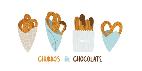 Logo for churreria. Churros and chocolate. Spanish traditional pastries for breakfast. Set of vector illustration for design and handwritten text.