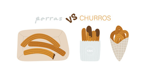 Porras vs churros. Spanish, Madrid traditional pastries for breakfast. Set of vector illustration for design and handwritten text.