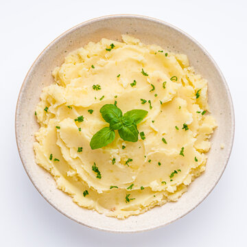 fresh tasty mashed potatoes on a white background