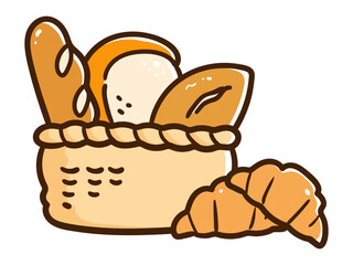 パンカゴに入ったいろいろなパンのゆるくてかわいい手書き風イラスト
