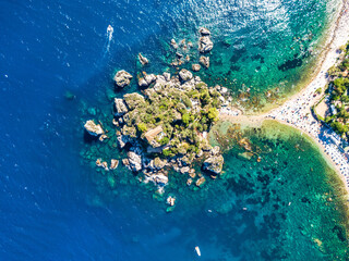 Taormina, Sicily, Italy. Aerial drone view of the Isola Bella.