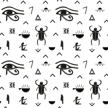 Egyptian animals. Seamless vector black and white pattern. Mythological flat Egyptian creatures