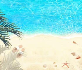 Obraz premium 上から見た夏の砂浜とエメラルドグリーンの海の波打ち際に貝殻とサンダルとヤシのある美しい背景素材