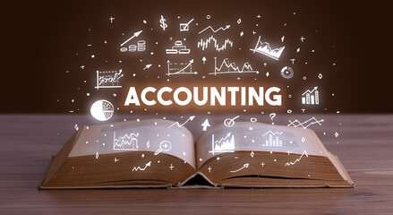 Business inscription coming out from an open book
