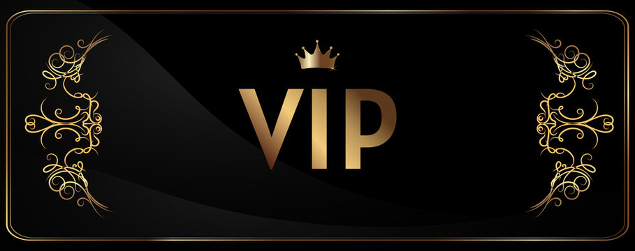 Vectors VIP card. Golden card with a crown. Black noble gradient geometric. Background with golden letters of invitation. Luxurious design for VIP members. Glitter and luxury.