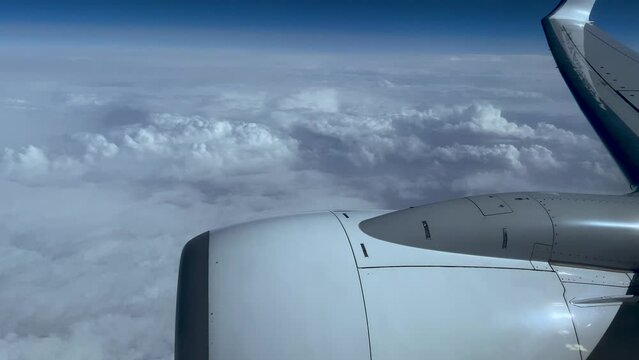  Planes Wing And Engine With Breath-taking View Of The Cloudy White Sky In Porto Portugal . Static Shot